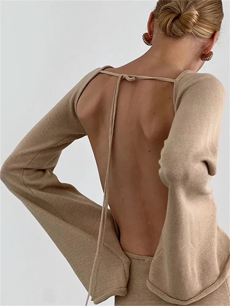 Backless Knitwear Lace-Up Mini Dress - Khaki / L