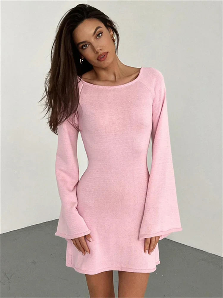 Backless Knitwear Lace-Up Mini Dress - Pink / M