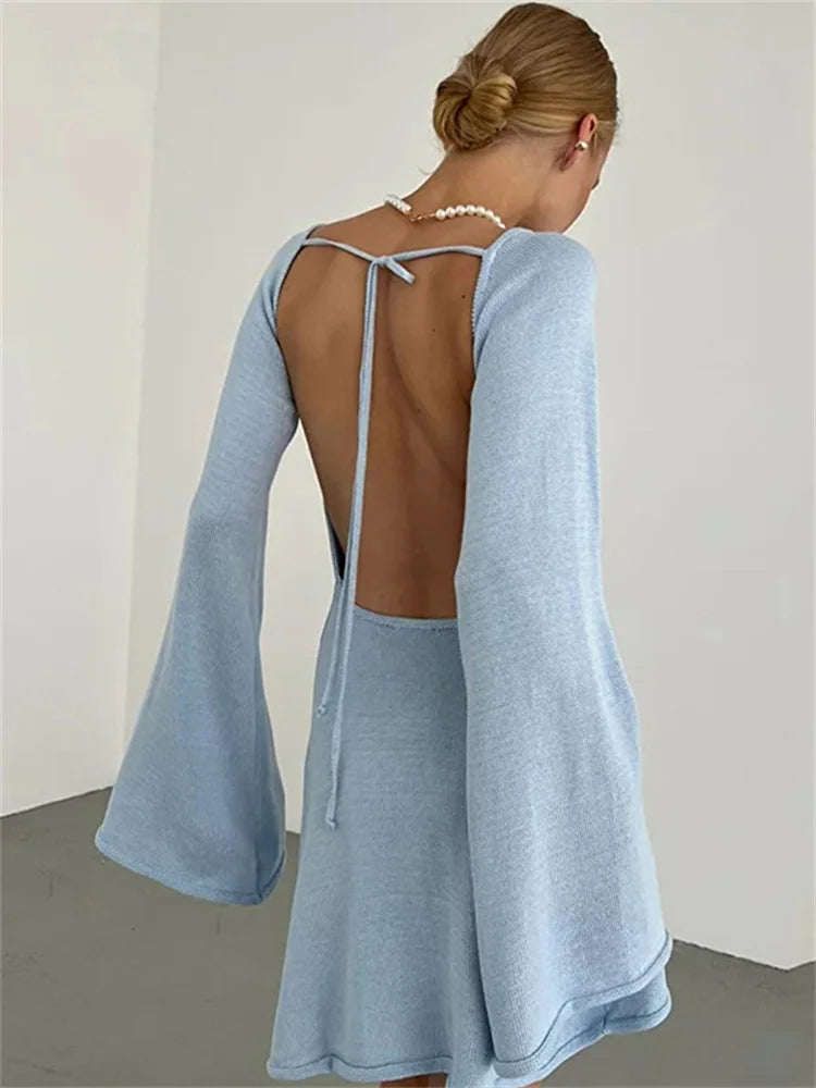 Backless Knitwear Lace-Up Mini Dress - SKY BLUE / L