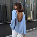 Backless O-neck Cotton Knit Sweater - Blue / M