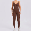Backless Romper Cross Adjustable Back Workout Jumpsuit - Dark coffee / M
