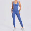 Backless Romper Cross Adjustable Back Workout Jumpsuit - Denim Blue / M
