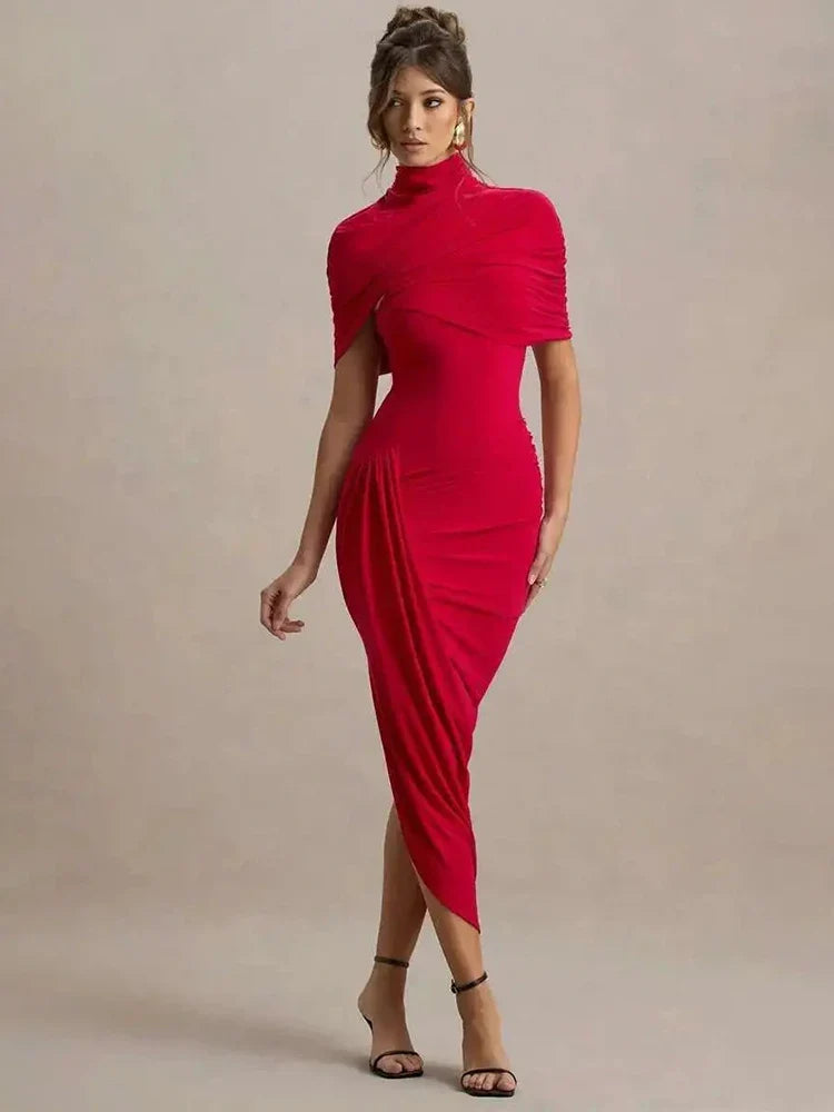 Backless Ruched Half Sleeve Maxi Dress Women Turtleneck Slim