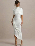 Backless Ruched Half Sleeve Maxi Dress Women Turtleneck Slim - WHITE / L