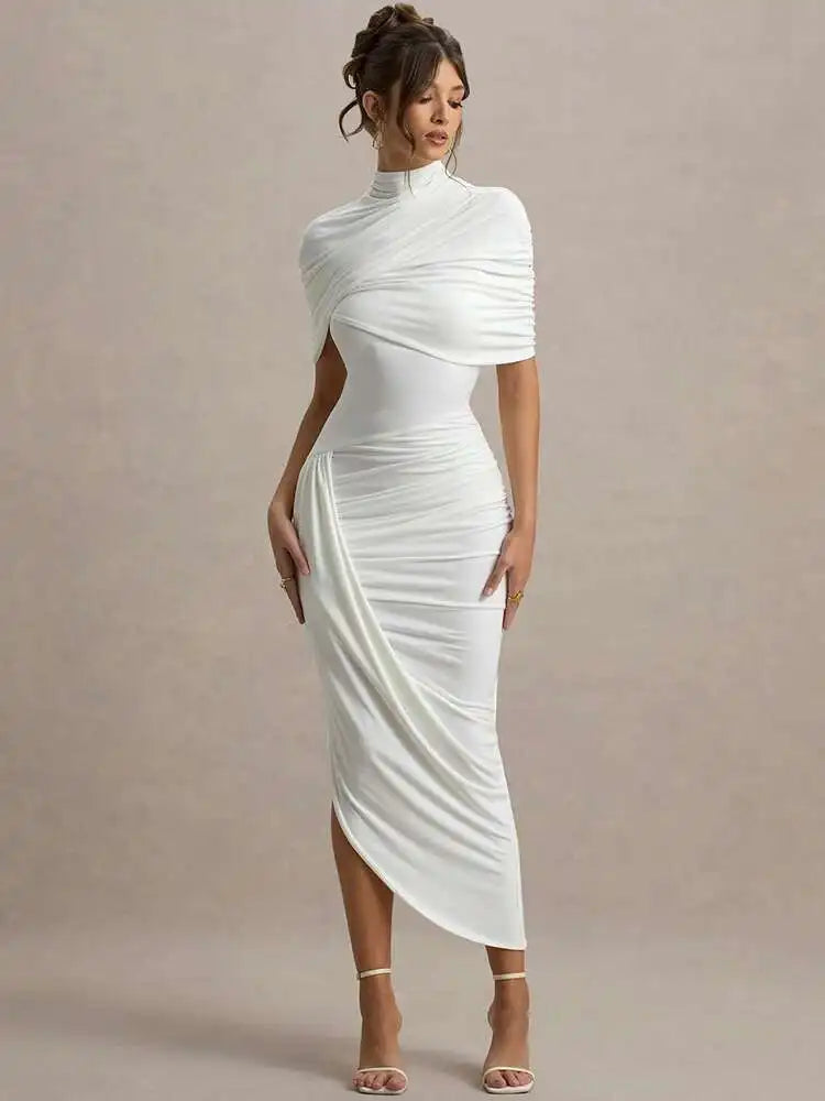 Backless Ruched Half Sleeve Maxi Dress Women Turtleneck Slim - WHITE / L