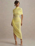 Backless Ruched Half Sleeve Maxi Dress Women Turtleneck Slim - Yellow / M