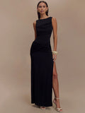 Backless Ruched Maxi Tank Dress Women - black / L