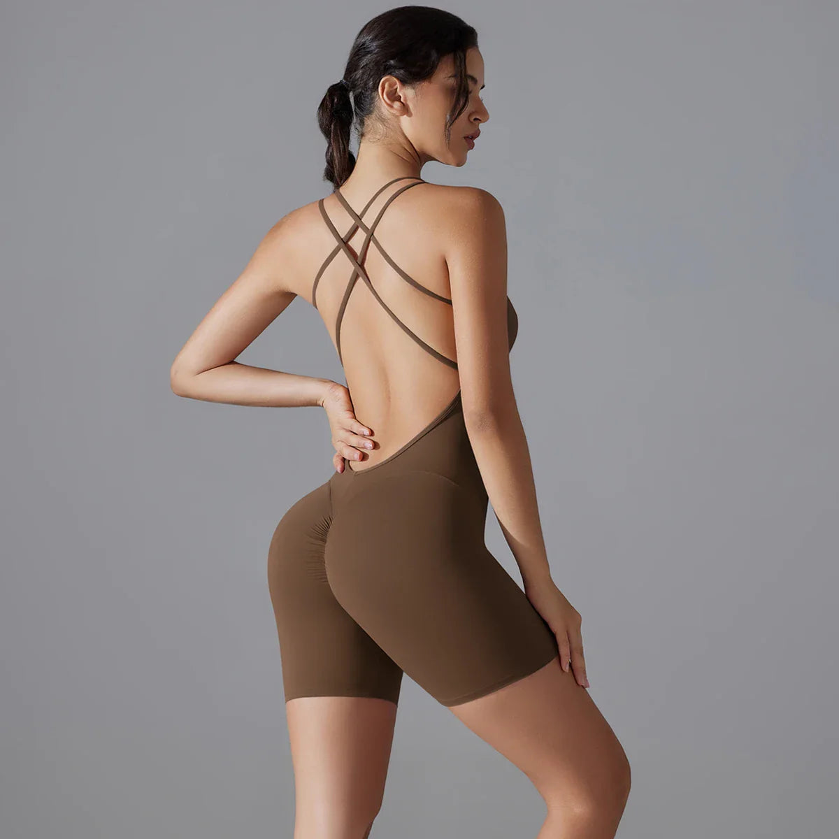 Backless Sporty Tight Jumpsuit - Brown / XL