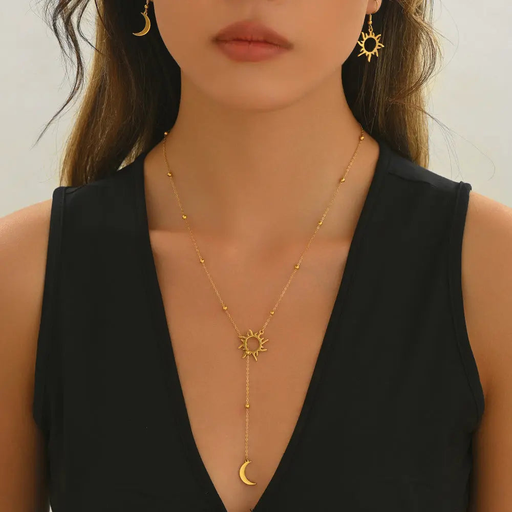 Lxalry 18K Gold Plated Sun  Moon Jewelry Set Mirror Polish Hypoallergenic Necklace  Earrings For Daily Evening Never Fade Luxury Gift With Celestial Symmetry - Norellé