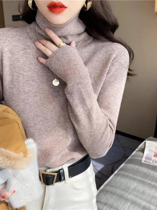 Basic Slim soft solid color turtleneck Sweater - One Size / Khaki - Other