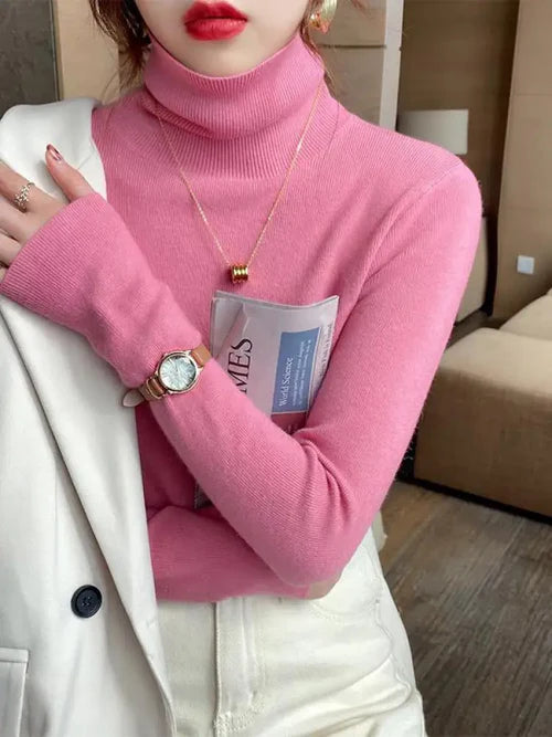 Basic Slim soft solid color turtleneck Sweater - One Size / Pink - Other
