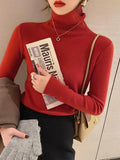 Basic Slim soft solid color turtleneck Sweater - One Size / Red - Other