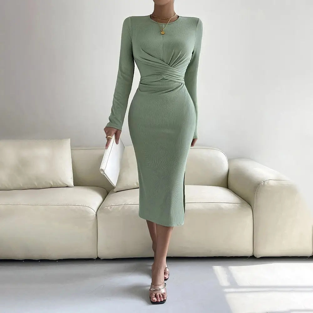 Round Neck Slim-fit Sheath Long Sleeve Dress