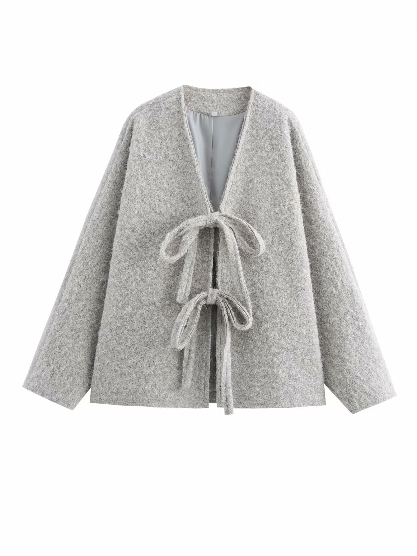 V-neck Cardigan Fashion Casual Lace Up Woolen Coat Short Coat - Norellé
