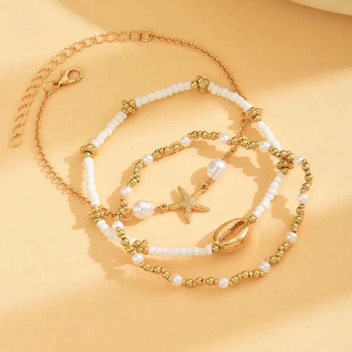 Beach Vacation Bead Shell Starfish Foot Ornaments Anklet Three-piece Set - Norellé