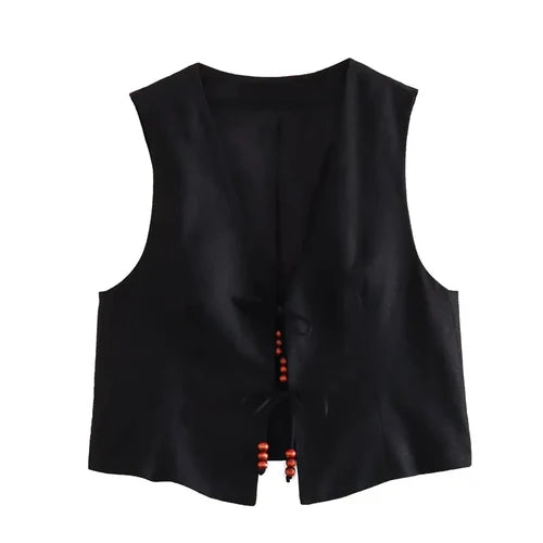 Beading Sleeveless Vest Woman V Neck Black Cropped Women - XS / black - Other