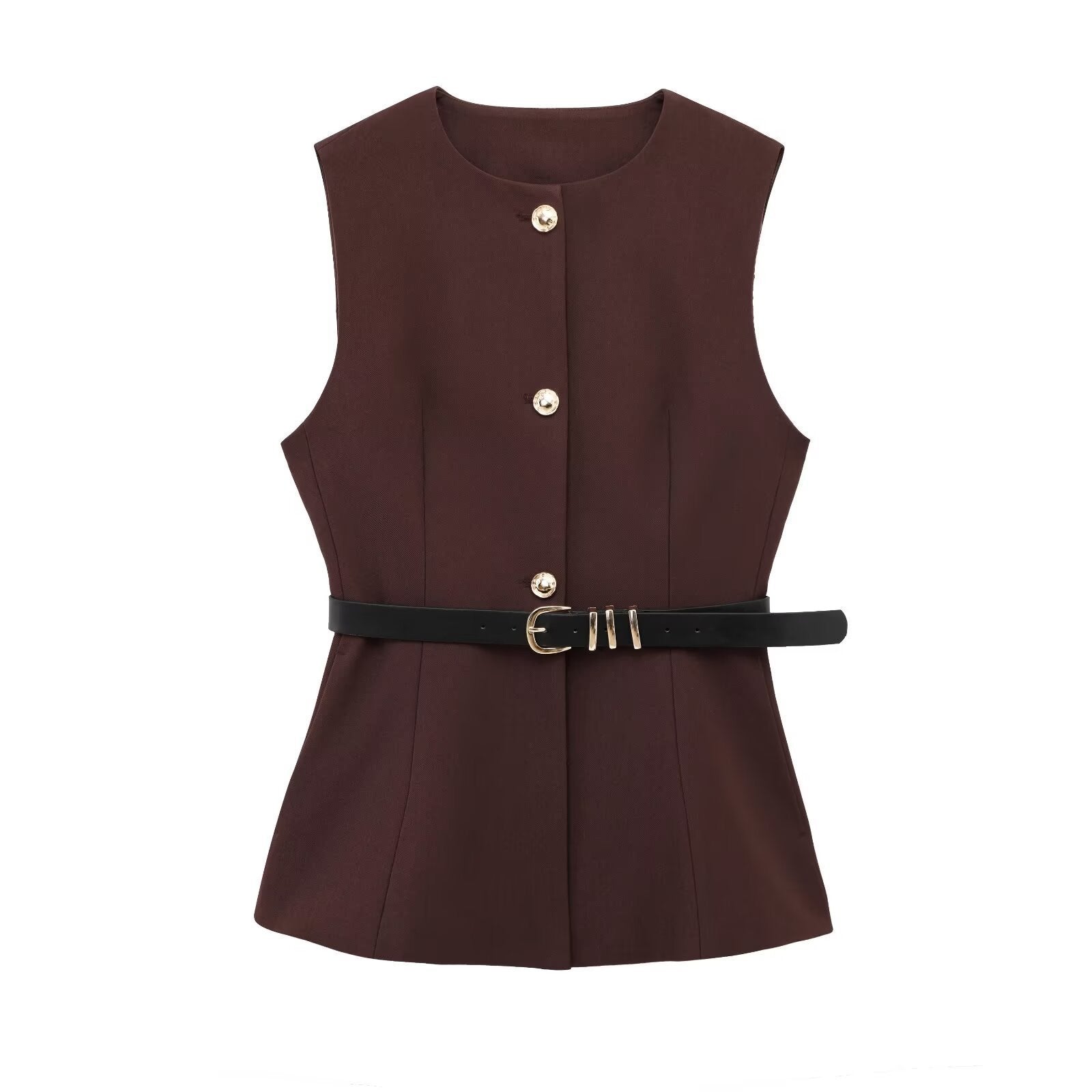 Belt Simple Sleeveless Shirt Bandage Dress Waist-tight Vest - Brown / L - electronic accessories