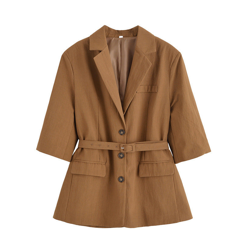 Half Sleeve Lace-up Suit Jacket Linen Mid Waist Shorts Suit - Norellé
