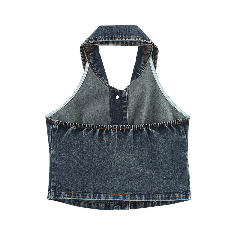 Big Backless Lapel Halter Denim Camisole - Other