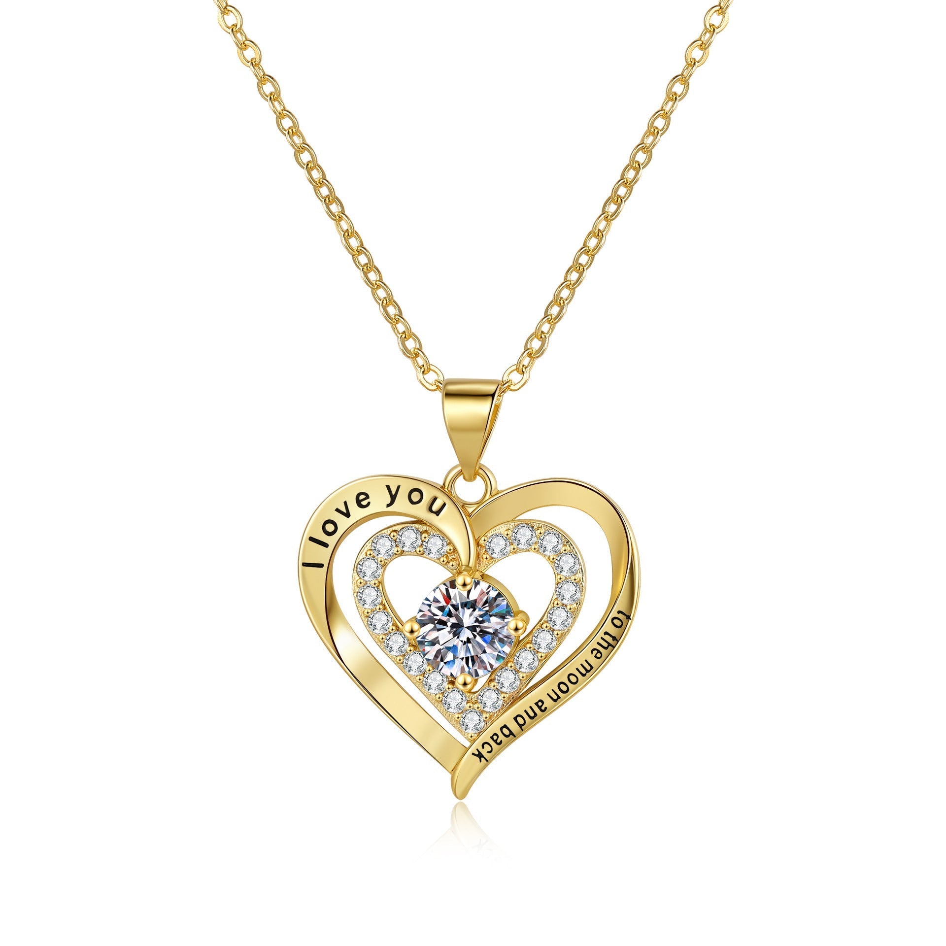 Birthstones Necklace Women’s Double Weight Heart Shape With Diamond - Yellow Gold - electronic accessories
