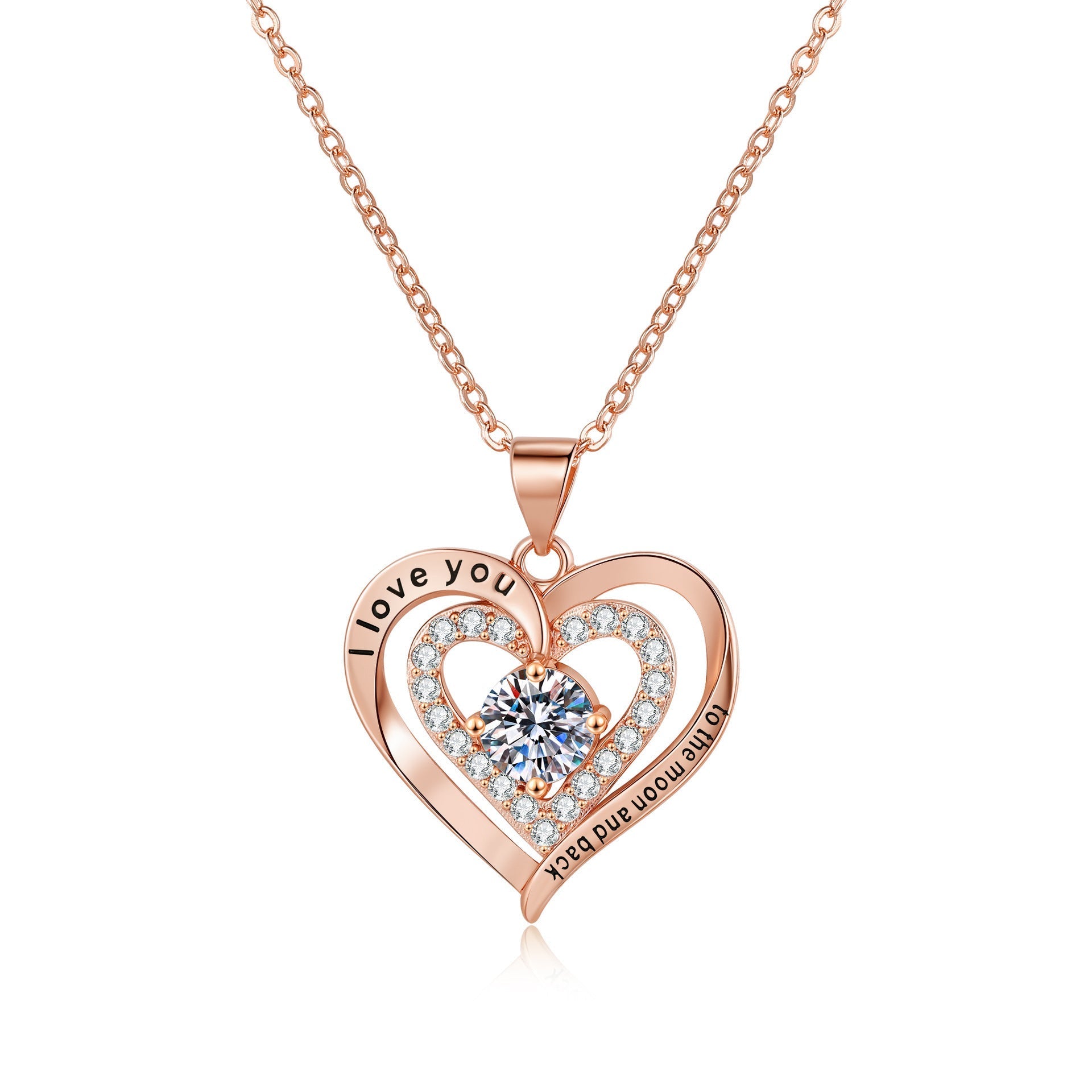 Birthstones Necklace Women’s Double Weight Heart Shape With Diamond - Rose Gold - electronic accessories