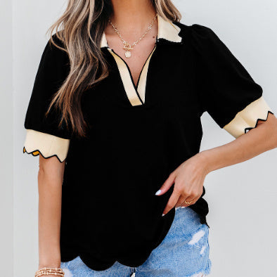 Black Color Contrast Collared V Neck Puff Sleeve Blouse - electronic accessories