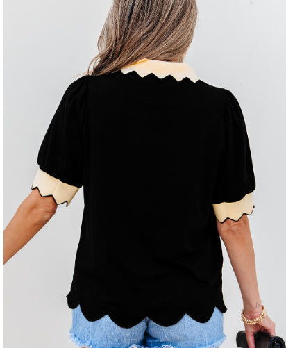 Black Color Contrast Collared V Neck Puff Sleeve Blouse - electronic accessories