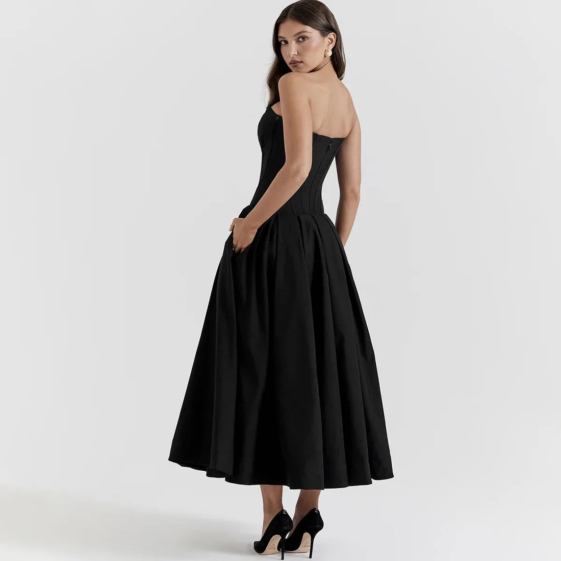 Black Elegant Strapless Corset Dress Midi - Other