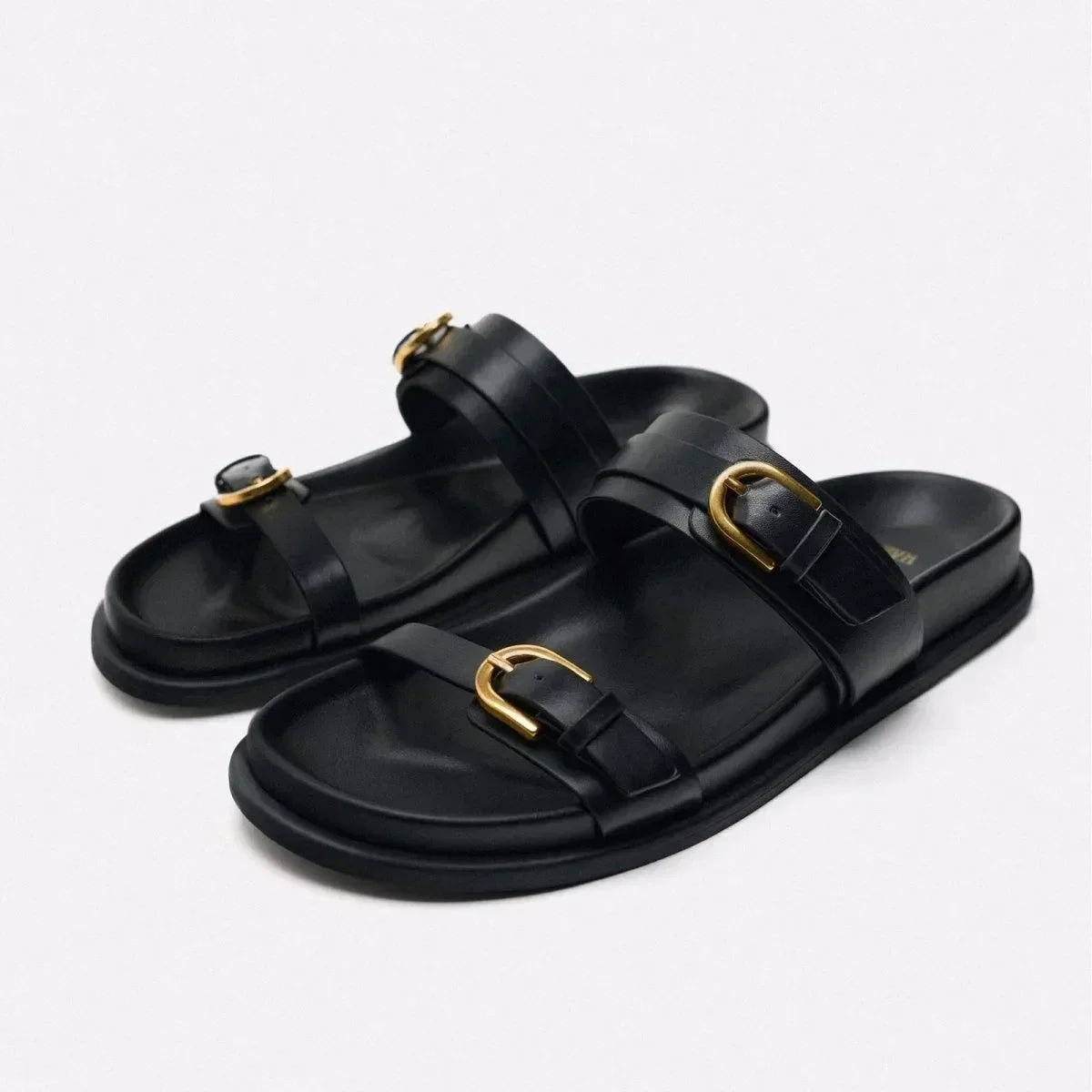 Black Flat Buckle Sandals for Women - 1 / 36