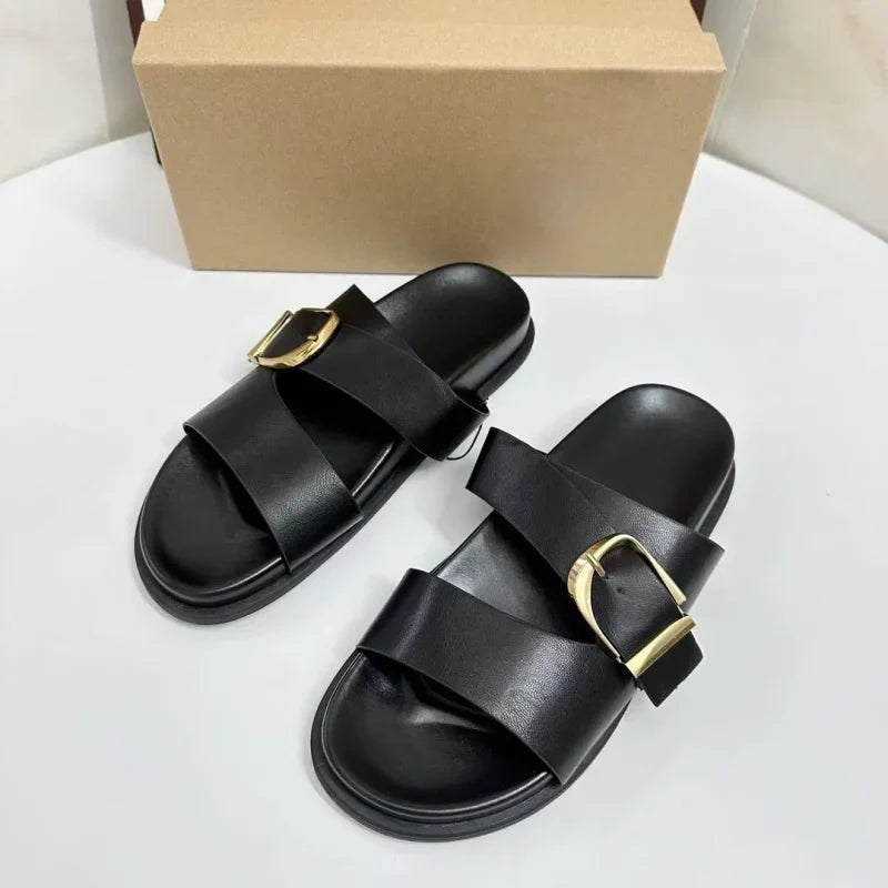 Black Flat Buckle Sandals for Women