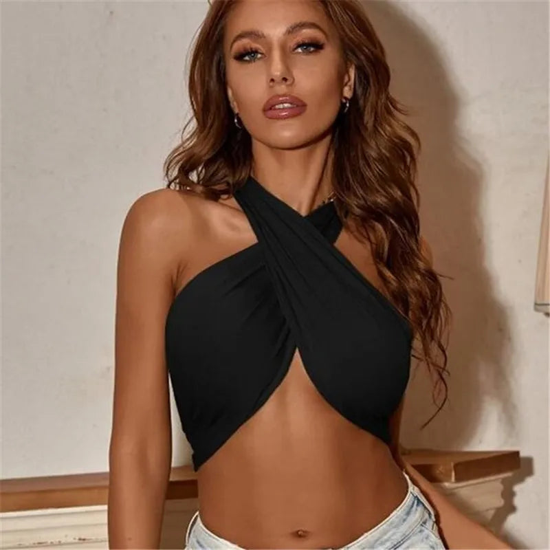Black Halter Strapless Wrap Crop Top - black / L
