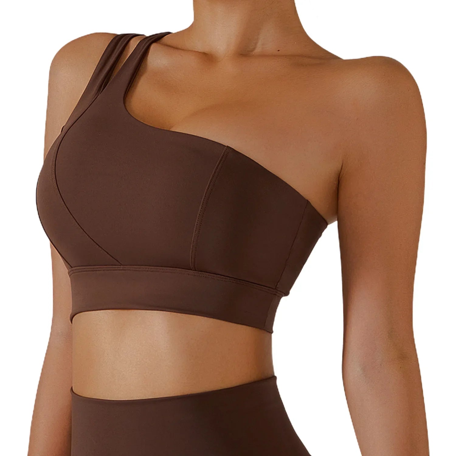 Brown one-shoulder sports bra from the Black One-Shoulder Sports Bra and Leggings Tennis Suit for women