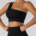 Black one-shoulder sports bra and matching leggings tennis suit for women sport