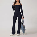 Women’s black ribbed yoga jumpsuit with off-shoulder flare legs for gym fitness