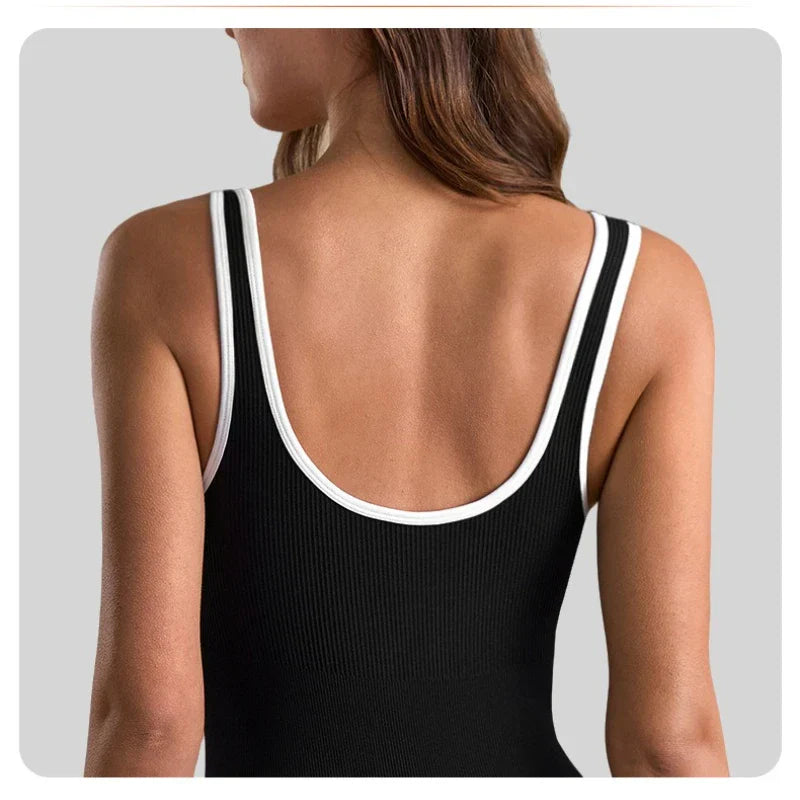 Black ribbed romper women yoga jumpsuit with white piping detail