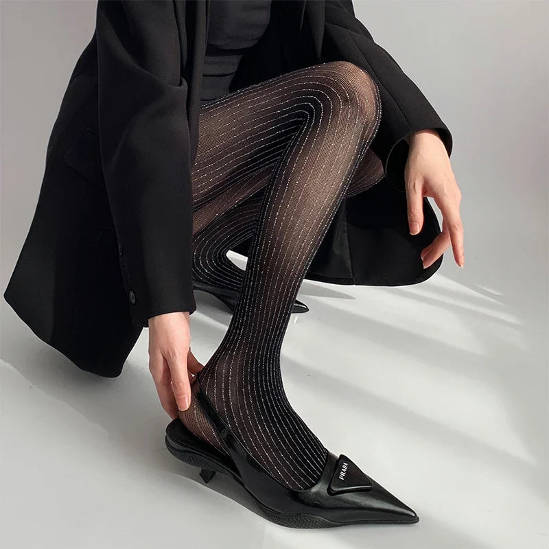 Black Tights Women Luxury Silver Silk Thigh