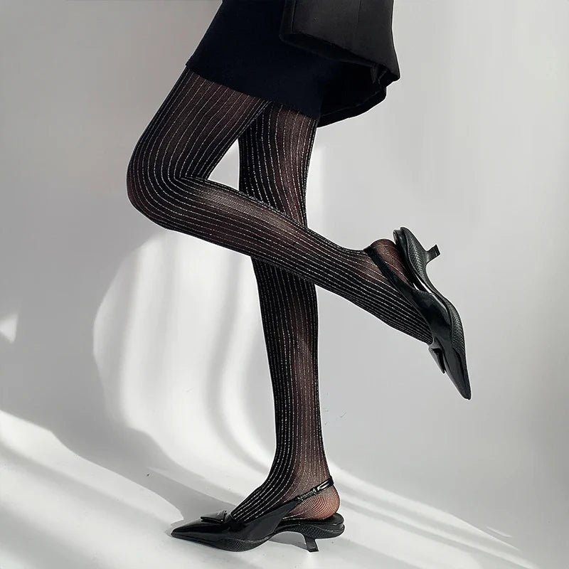 Black Tights Women Luxury Silver Silk Thigh
