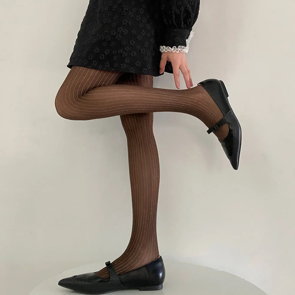 Black Tights Women Luxury Silver Silk Thigh - Coffee / One Size