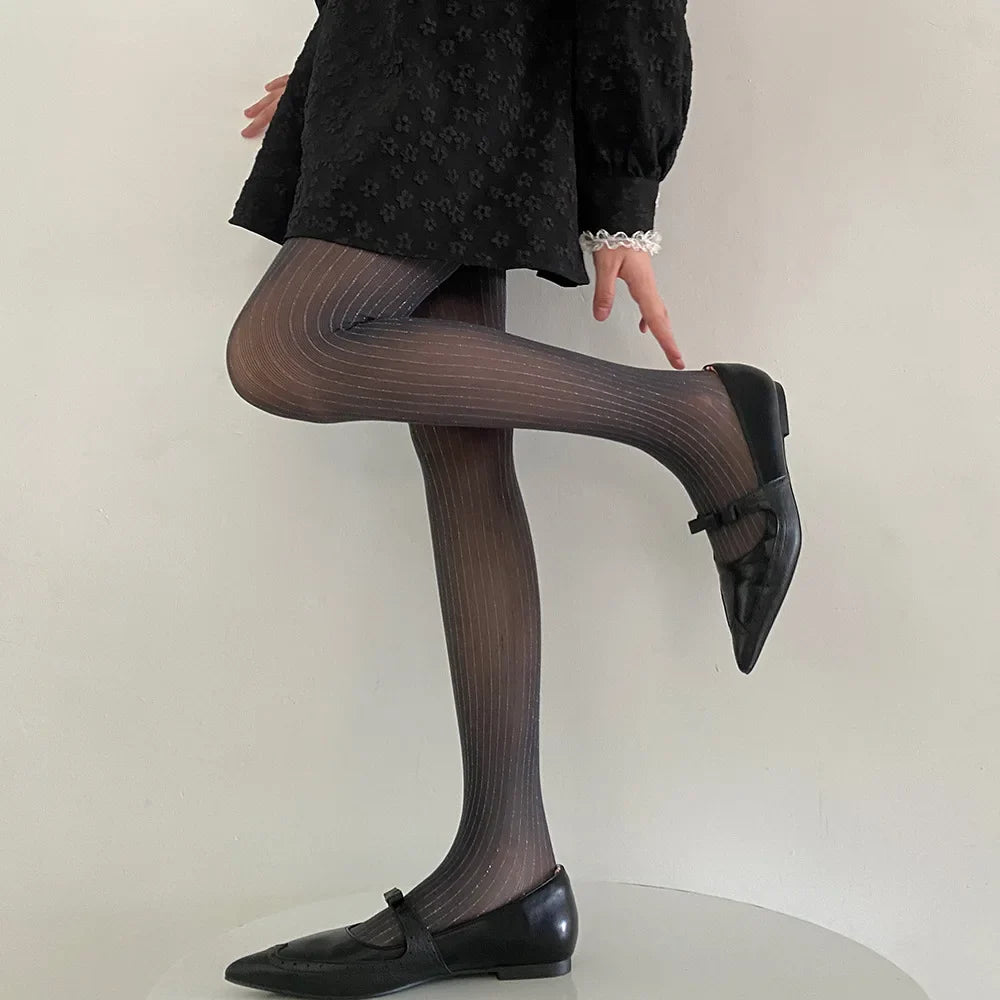 Black Tights Women Luxury Silver Silk Thigh - Gray / One Size