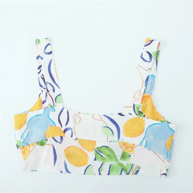 Blended Linen Printing Midi Skirt Dress - Other