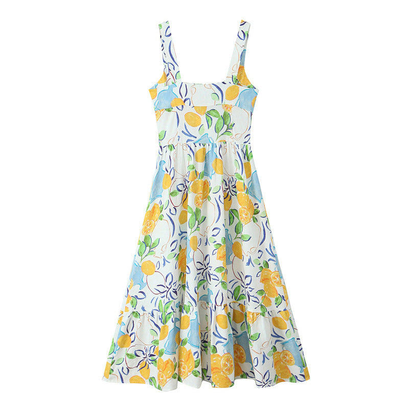 Blended Linen Printing Midi Skirt Dress - Other