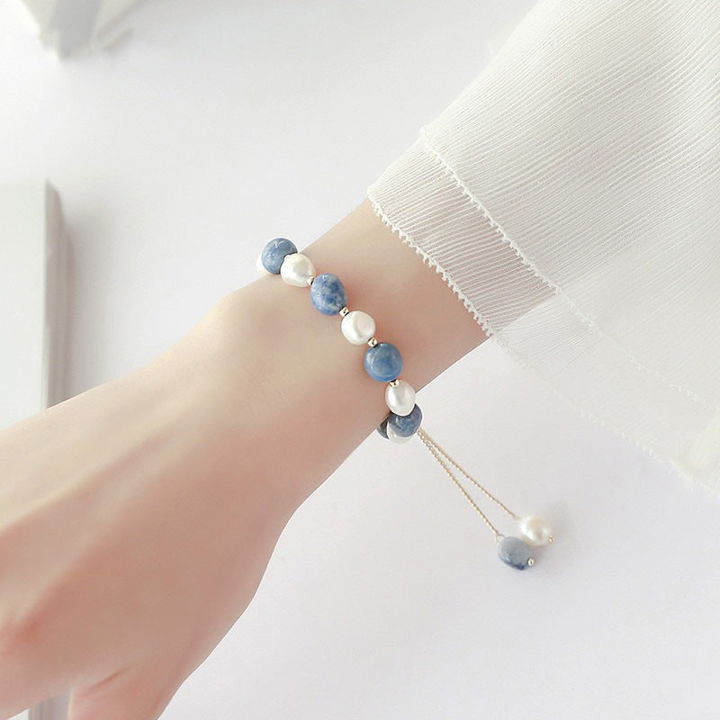 Blue Aventurine Freshwater Pearl Crystal Bracelet For Women - Gold 19cm - electronic accessories