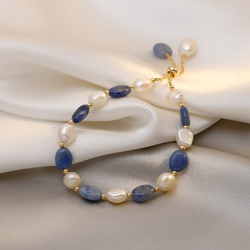 Blue Aventurine Freshwater Pearl Crystal Bracelet For Women - Gold 19cm - electronic accessories