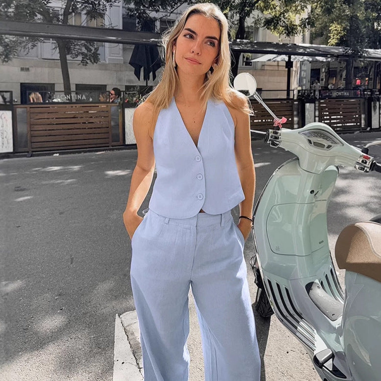 Blue Cotton Linen Sleeveless Waistcoat Vest Trousers Suit - Other