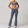 Women’s slate blue two-piece workout outfits fitness sportswear with white trim