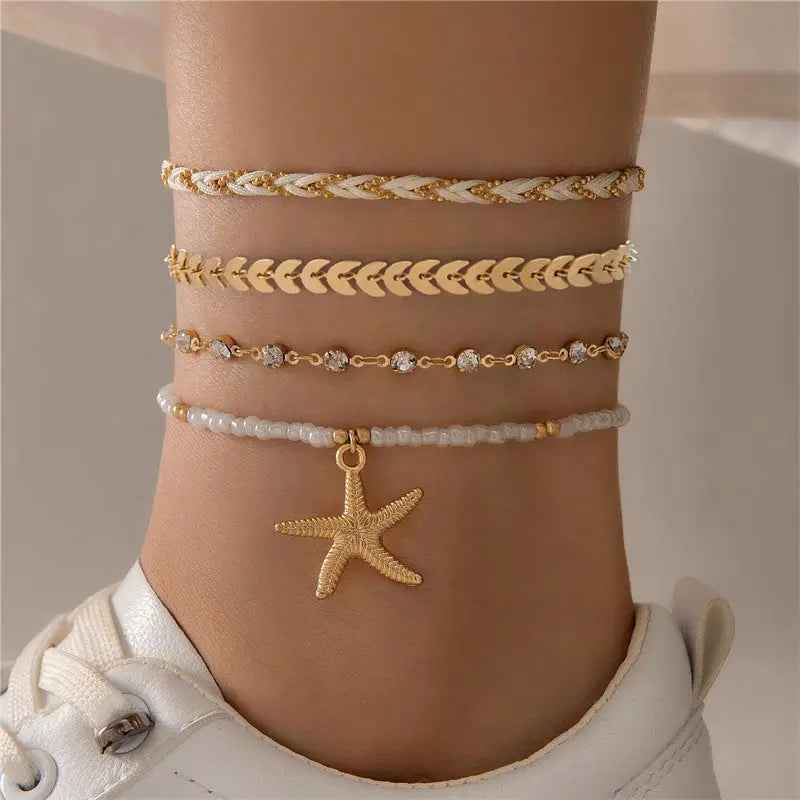 Bohemian Ocean Wind Starfish Shell Pearl Anklet - 10 Gold - electronic accessories