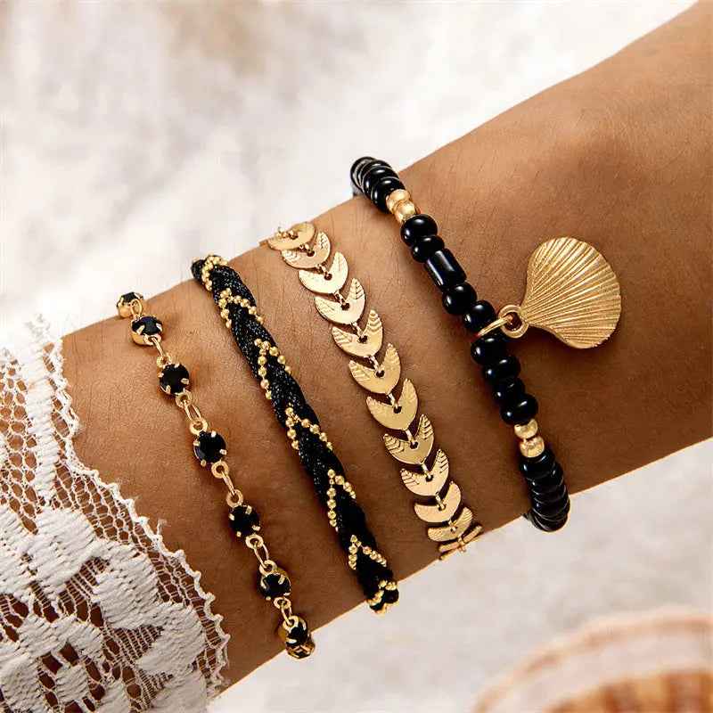 Bohemian Ocean Wind Starfish Shell Pearl Anklet - 2 Bracelet Black - electronic accessories