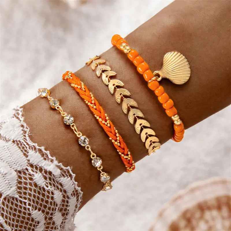 Bohemian Ocean Wind Starfish Shell Pearl Anklet - 4 Bracelet Orange - electronic accessories