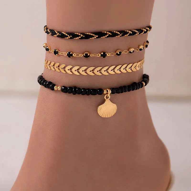 Bohemian Ocean Wind Starfish Shell Pearl Anklet - 9 Black - electronic accessories