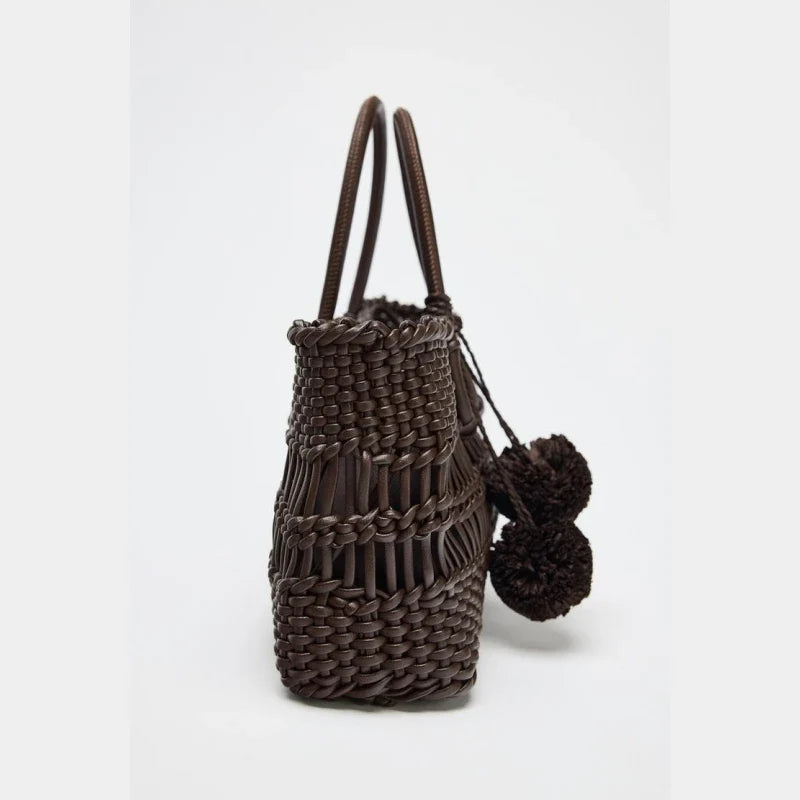 Braided Handbag Tote Bag With String - Beige